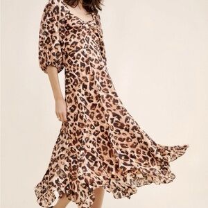 Anthropologie Hutch Twist Puff Midi Dress, Color: Brown Leopard, Size: XS